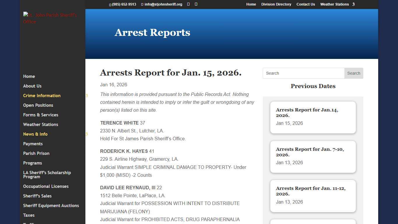 Arrest Reports | St. John Parish Sheriff's Office